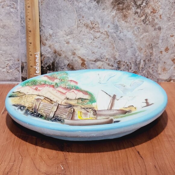 Vintage Chalkware Plaster Plaques 3D Wall Hanging Plate Seaside Seagulls Houses - Picture 7 of 11